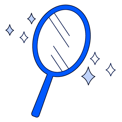 A hand-held vanity mirror with a bright blue frame and handle. The mirror surface is periwinkle with two diagonal shine lines, surrounded by several small periwinkle sparkles.