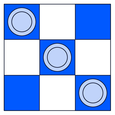 An illustration of a three-by-three grid with alternating white and blue squares. Three periwinkle circular game pieces are placed diagonally from the top-left to the bottom-right corner.
