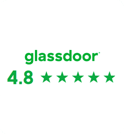 A simple white graphic featuring the Glassdoor logo in green text. Below it is the number "4.8" in bold green, followed by a row of five solid green stars.