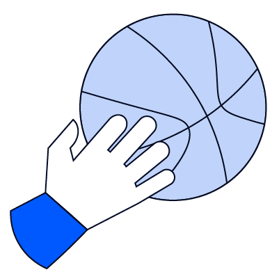 An illustration of a periwinkle basketball with dark outlines. A white hand with a bright blue sleeve is shown reaching out to touch or pass the ball.