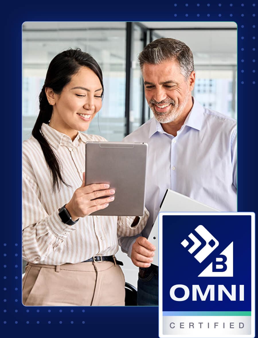 Man and woman looking at a Tablet. Omni, BigCommerce and Feedonomics Logo in corner
