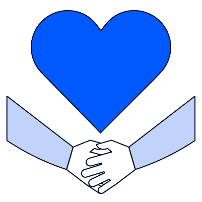 An illustration featuring a large bright blue heart at the top. Below the heart, two periwinkle-sleeved arms reach toward the center, where two white hands are joined in a supportive clasp.