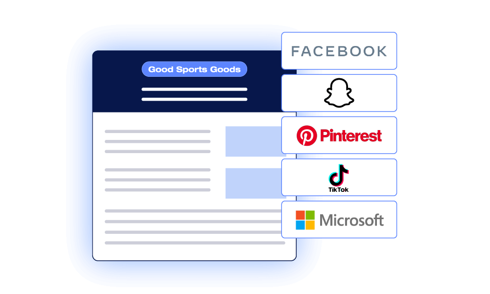 Mobile interface listing social media and marketplace integrations including Facebook, Snapchat, Pinterest, and TikTok.