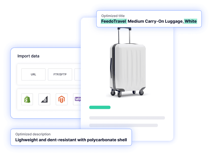 Omnichannel retail synchronization showing a store's sunglasses listing integrated with Amazon, eBay, and Meta platforms.