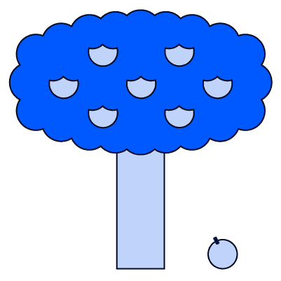 A stylized tree with a periwinkle trunk and a large, cloud-like blue canopy. Small periwinkle fruit shapes are scattered in the leaves, and one has fallen to the ground.