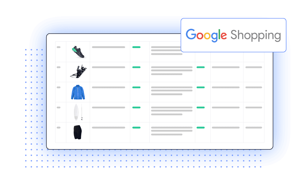 Google Shopping product management table displaying a list of sports apparel and equipment with status indicators.