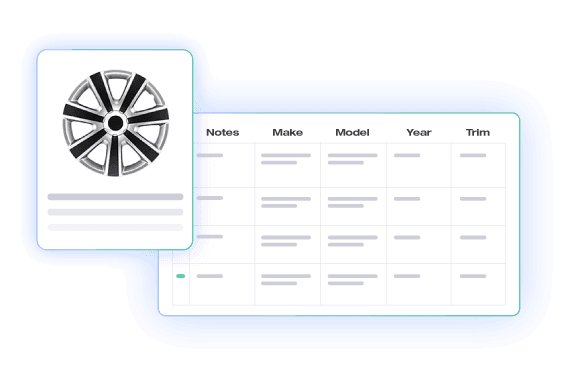 Auto part product data expansion, linking a hubcap to a table of Make, Model, Year, and Trim fitment.