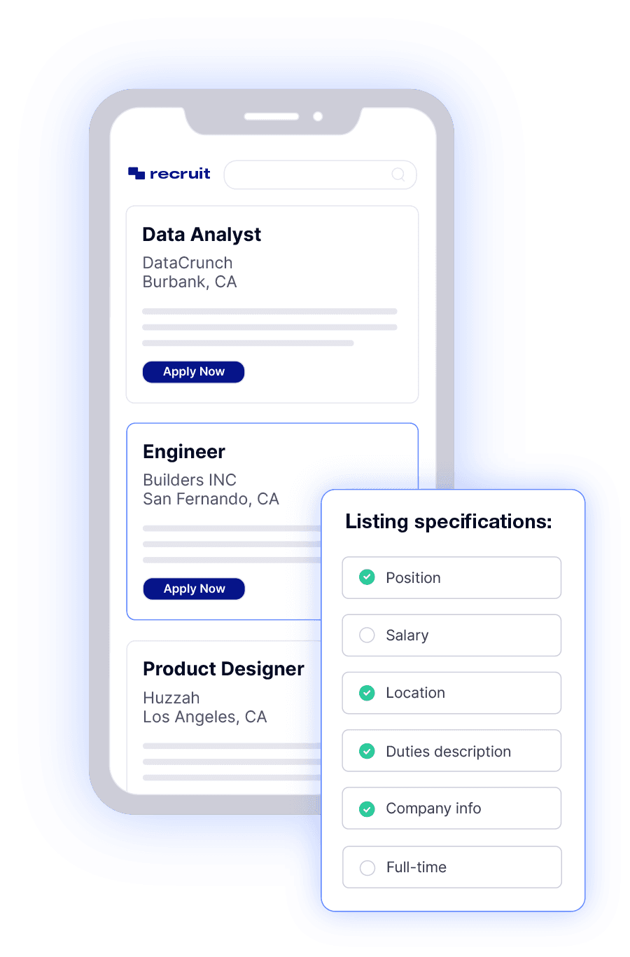 A mobile interface showing job listings for Data Analyst and Engineer roles with an overlay checklist of listing specifications.