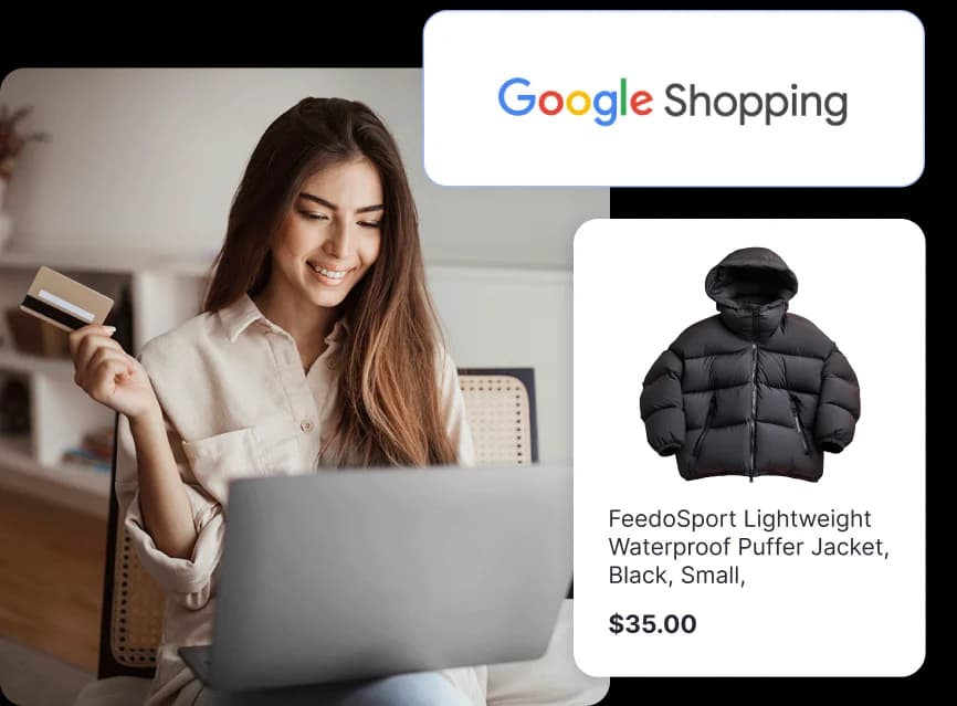Woman shopping online with credit card next to eBay logo and product listing text: FeedoSport Lightweight Waterproof Puffer Jacket, Black, Small, $35.00
