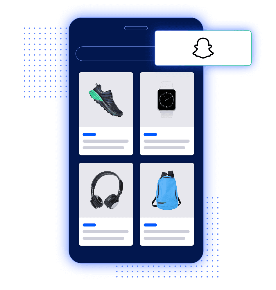 Smartphone interface displaying a Snapchat product grid with sneakers, a smartwatch, headphones, and a blue backpack.