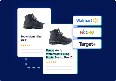 Product title optimization for hiking boots being synced to Walmart, eBay, and Target marketplaces.