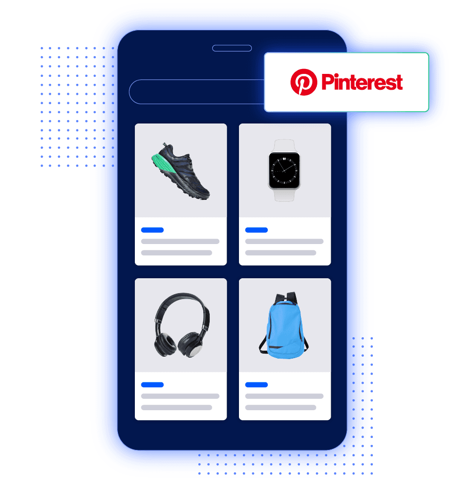 Smartphone interface displaying a product grid of shoes, a smartwatch, headphones, and a backpack with an Pinterest icon overlay.