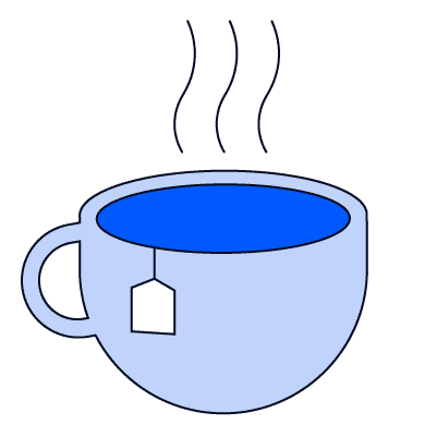 A periwinkle teacup filled with bright blue liquid. A small tea bag tag hangs off the side, and three wavy lines representing steam rise from the top.