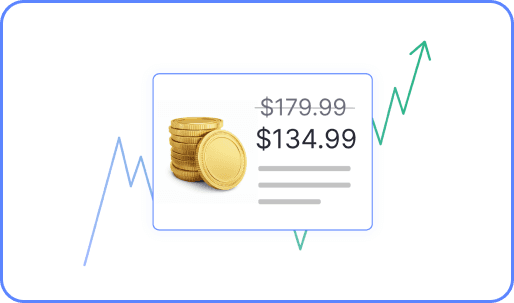 Real-time price update for digital coins, showing a sale price of $134.99 on an upward trend chart.