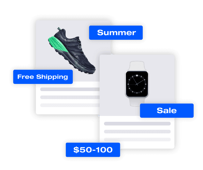 Product images tiles of smart watch and black and green shoe with the words Summer, Sale, Free Shipping, and $50-$100