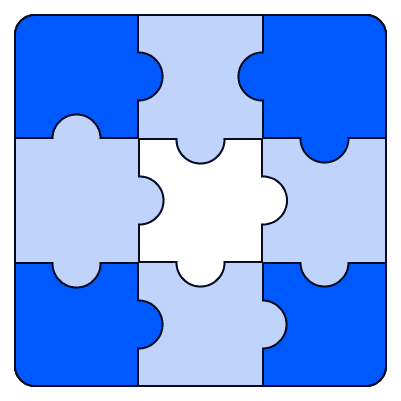 A square jigsaw puzzle made of nine pieces. Eight pieces are alternating shades of blue and periwinkle, while the center piece is missing, leaving a white, cross-shaped gap.