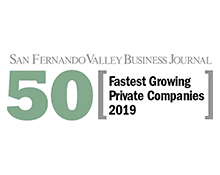 Award logo for the San Fernando Valley Business Journal, featuring a large green number 50 and text that reads "Fastest Growing Private Companies 2019" enclosed in brackets.