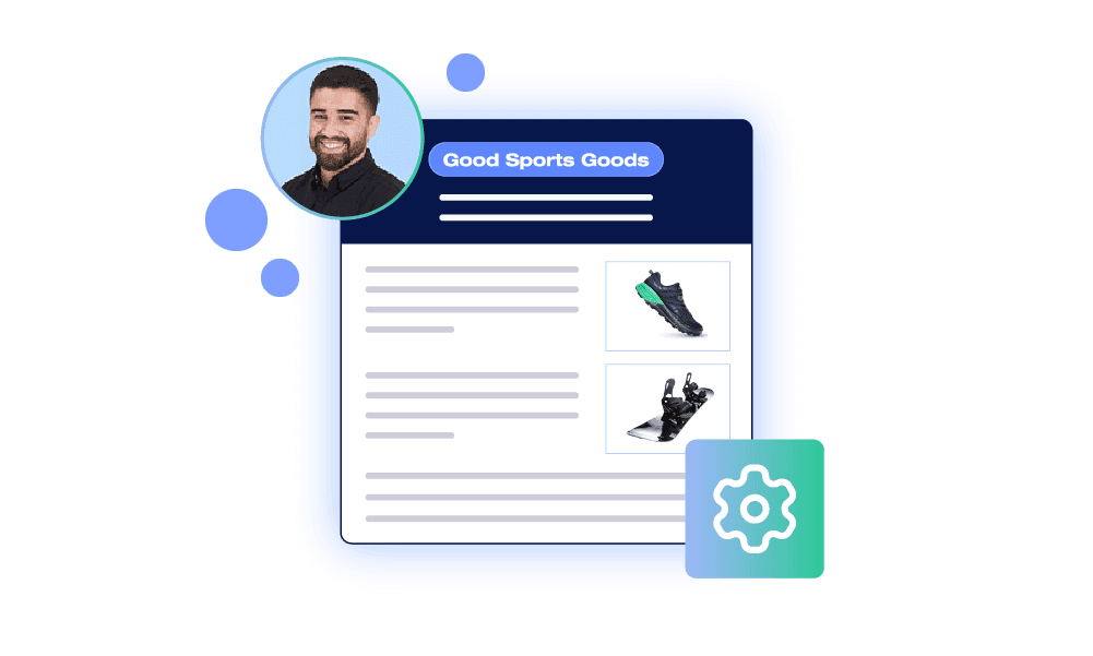 E-commerce product feed for Good Sports Goods with a man's profile and a green settings gear icon.