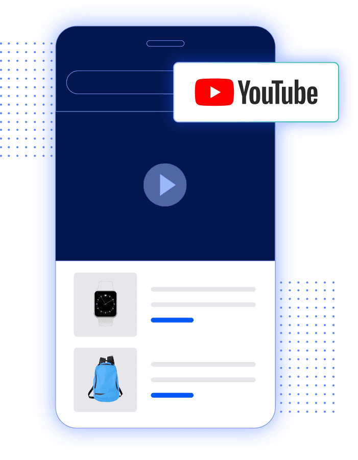 YouTube Shopping video player on a mobile phone showing a smartwatch and backpack product list below.