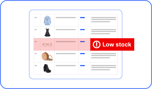 E-commerce product list with a low stock warning for a pair of glasses.