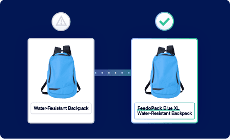 Comparison showing a basic product title versus an optimized title including brand, color, and size for a blue backpack.