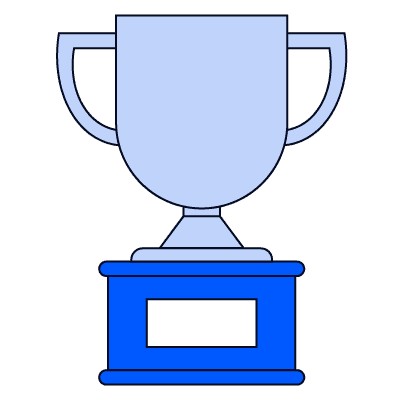 An illustration of a periwinkle trophy cup with two handles. The trophy is mounted on a bright blue rectangular base that has a white nameplate on the front.