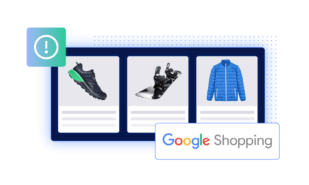 Google Shopping product interface showing shoes, a snowboard, and a jacket with a green alert icon.