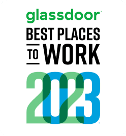 A vertical award badge. The Glassdoor logo is at the top in green. Below it, the text "BEST PLACES TO WORK" is written in bold black capital letters. At the bottom, the year "2023" is displayed in large, overlapping transparent numbers of green and blue.