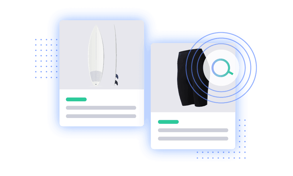 roduct cards for a surfboard and athletic shorts with a green magnifying glass icon indicating a successful search launch.