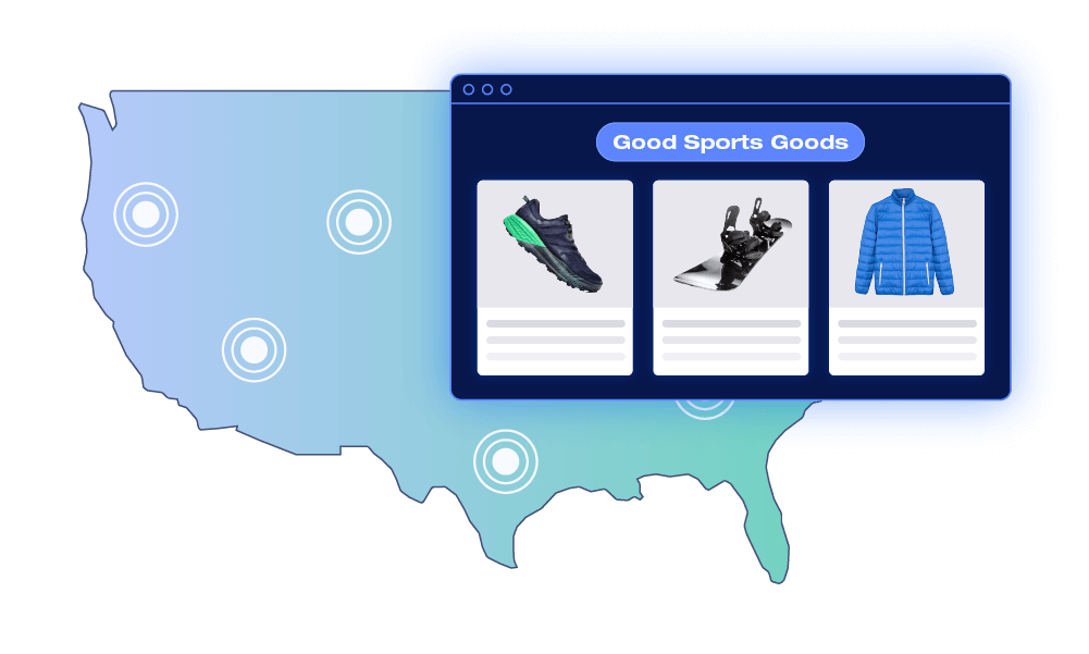 Map of the United States with a dark blue browser overlay displaying Good Sports Goods products and locations.