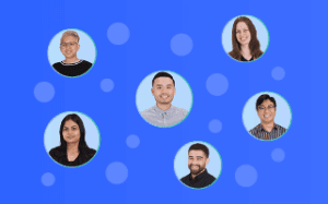 5 bubble head headshots against periwinkle background