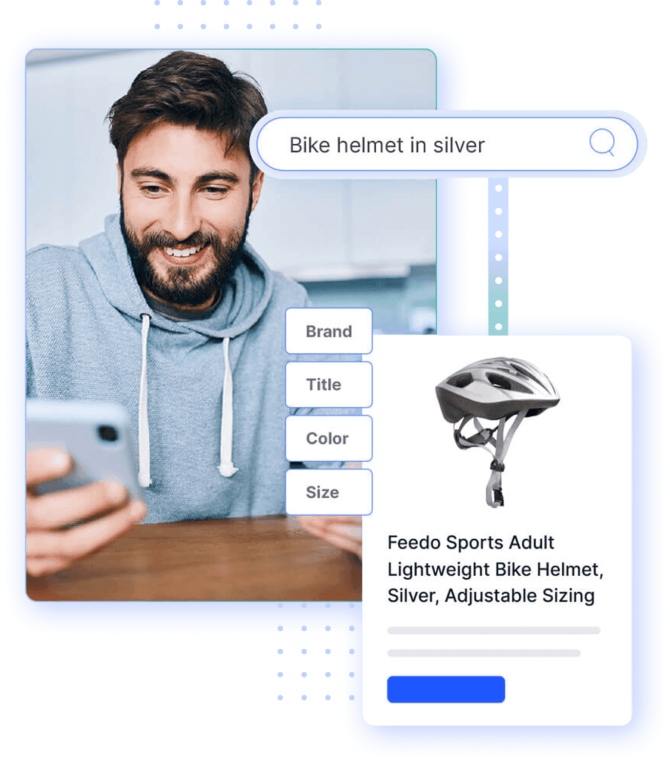 A man looking at his smartphone with digital overlays illustrating a search for a "Bike helmet in silver" and the resulting organized product data.