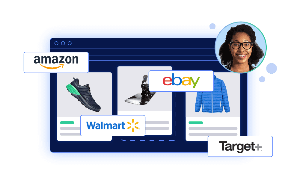 Web browser displaying sports products with logos for Amazon, Walmart, eBay, and Target Plus and a female team member.