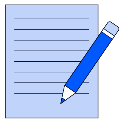 An illustration of a periwinkle sheet of lined paper. A bright blue pencil with a white tip and periwinkle eraser is shown writing on the bottom line.