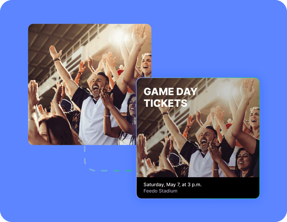 Fans cheering at a stadium, demonstrating image padding and placement in a "Game Day Tickets" card.