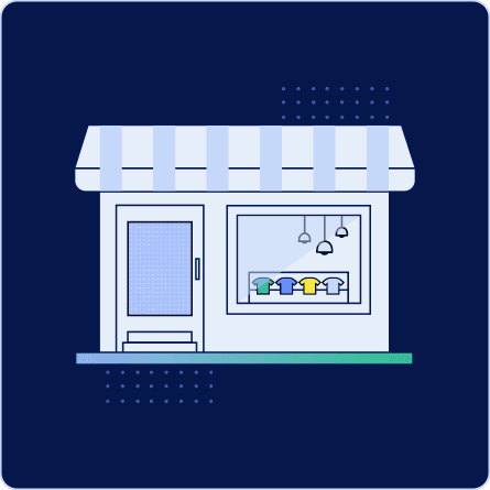 Retail store icon showing a boutique shop window with colorful t-shirts on display.