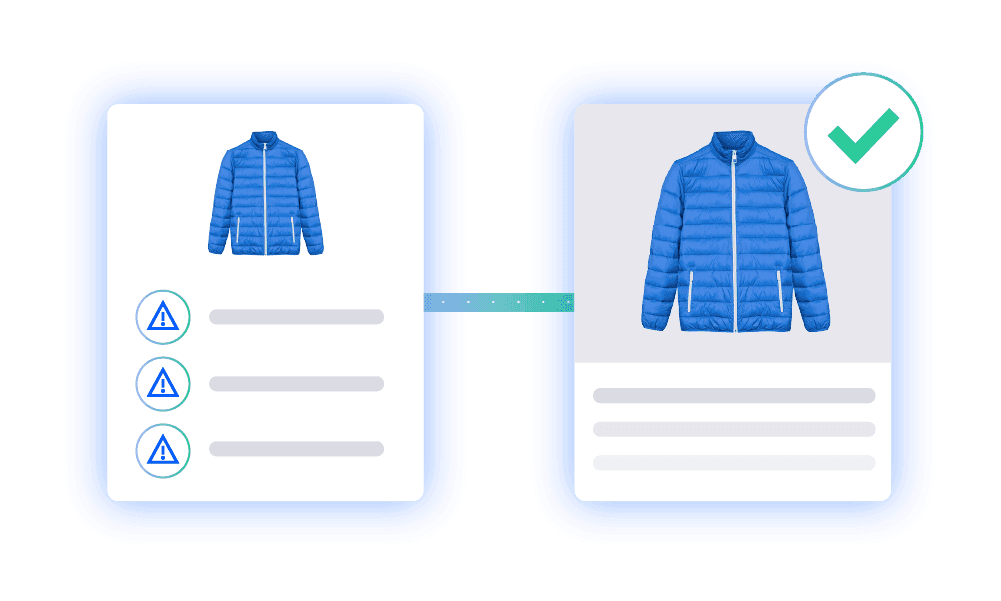 Comparison of blue jacket product data showing three warning icons transformed into a single green checkmark.