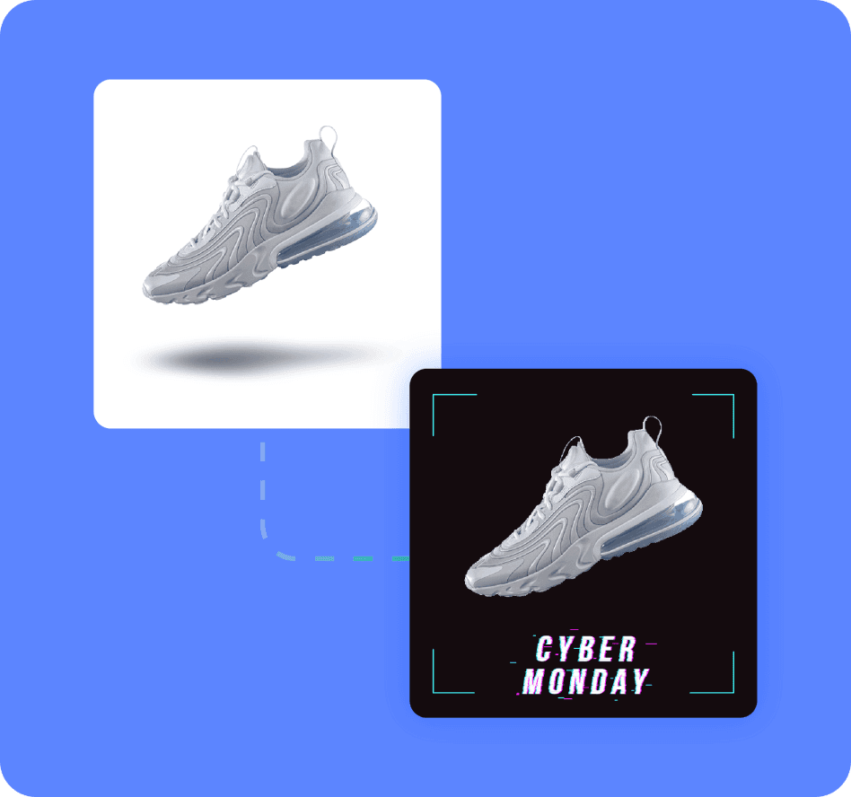 Dynamic product image resizing showing a white sneaker on a white background and on a dark Cyber Monday promotional card.