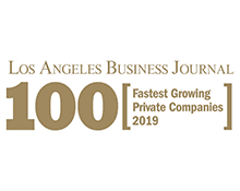 Award logo for the Los Angeles Business Journal, featuring a large gold number 100 and text that reads "Fastest Growing Private Companies 2019" enclosed in brackets.