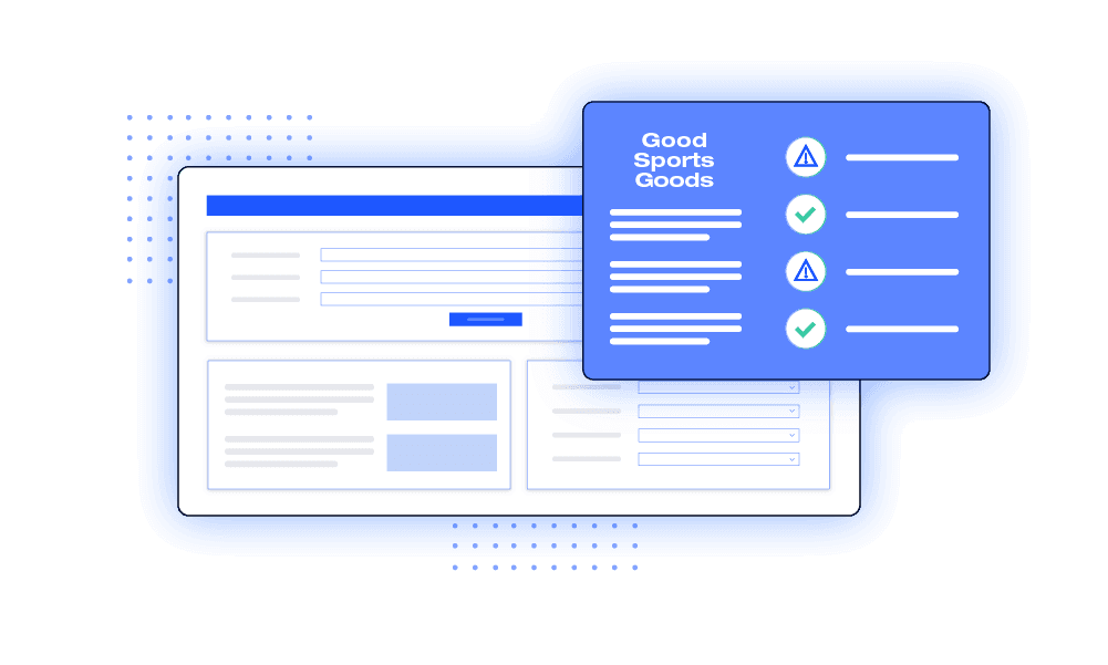 Web interface with data forms behind a blue card for Good Sports Goods featuring status icons and checklist items.