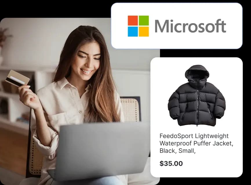 Person using a laptop and credit card next to a Microsoft logo and a black puffer jacket product listing