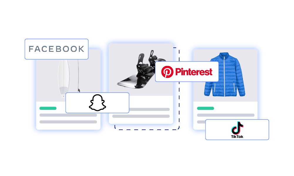 Product cards for sports equipment overlaid with social media logos for Facebook, Snapchat, Pinterest, and TikTok.