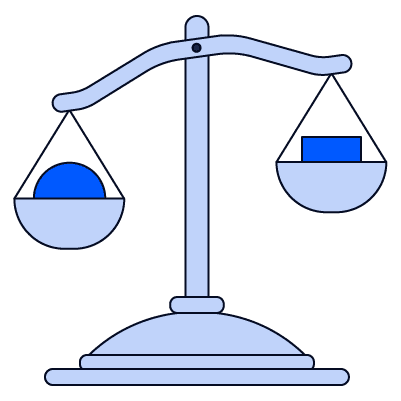 An illustration of a periwinkle balance scale. A bright blue semi-circle sits in the left tray, and a bright blue rectangular block sits in the right tray, with the beam perfectly level.