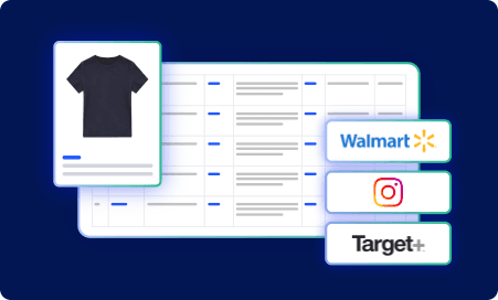 Product catalog interface displaying a black t-shirt listing with integrations for Walmart, Instagram, and Target+