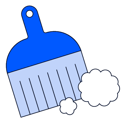 An illustration of a hand broom with a bright blue handle and periwinkle bristles. Two white, cloud-like dust motes are positioned next to the bristles as if they are being swept.