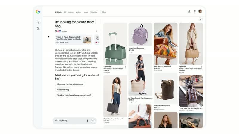 Google AI Mode of shopping grid full of purses