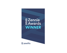 A dark blue rectangular badge with light blue diagonal stripes that reads "2020 Zennie Awards WINNER" with the Zenefits company logo at the bottom.