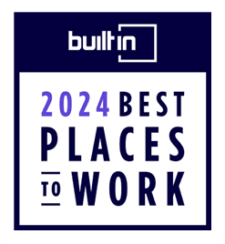 A rectangular award badge with a dark blue header containing the "built in" logo. The white body of the badge features the text "2024 BEST PLACES TO WORK" in bold navy and purple lettering.