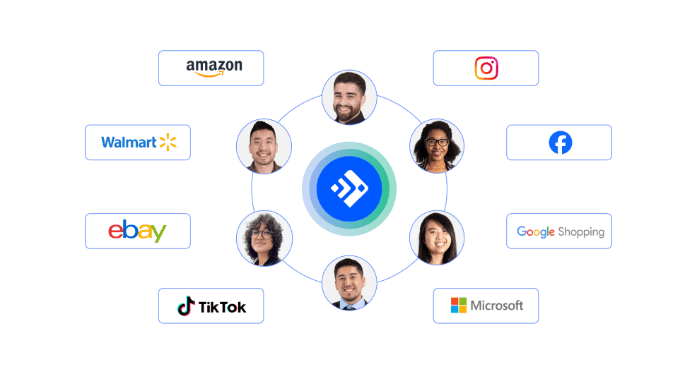 An infographic featuring a central Feedonomics logo surrounded by circular headshots of six diverse team members. Outside of the team circle are logos for major platforms: Amazon, Instagram, Walmart, Facebook, eBay, Google Shopping, TikTok, and Microsoft.