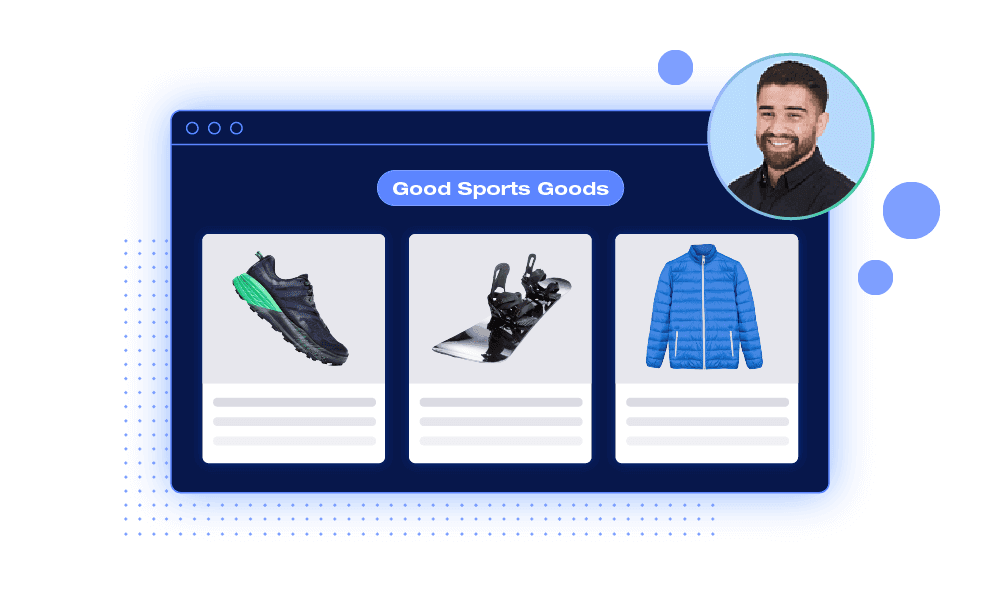 Good Sports Goods online storefront showing a shoe, snowboard, and jacket with a man's profile photo.